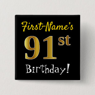 Badge Carré 5 Cm Noir, Faux Gold 91ème Anniversaire, Avec Nom Perso