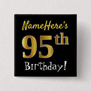 Badge Carré 5 Cm Noir, Faux Gold 95e Anniversaire, Avec Nom Personn
