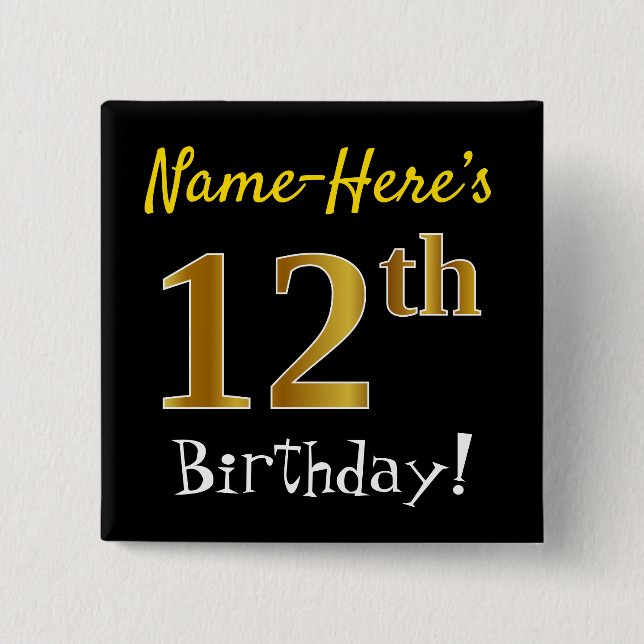 Badge Carré 5 Cm Noir, Faux Or 12ème Anniversaire, Avec Nom Personn (Devant)