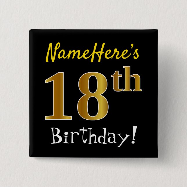 Badge Carré 5 Cm Noir, Faux Or 18ème Anniversaire, Avec Nom Personn (Devant)