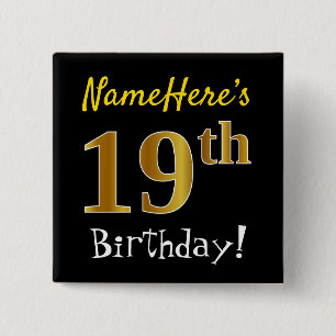 Badge Carré 5 Cm Noir, Faux Or 19ème Anniversaire, Avec Nom Personn