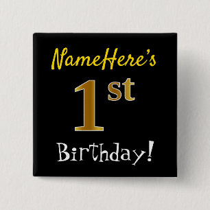 Badge Carré 5 Cm Noir, Faux Or 1er Anniversaire, Avec Nom Personnal