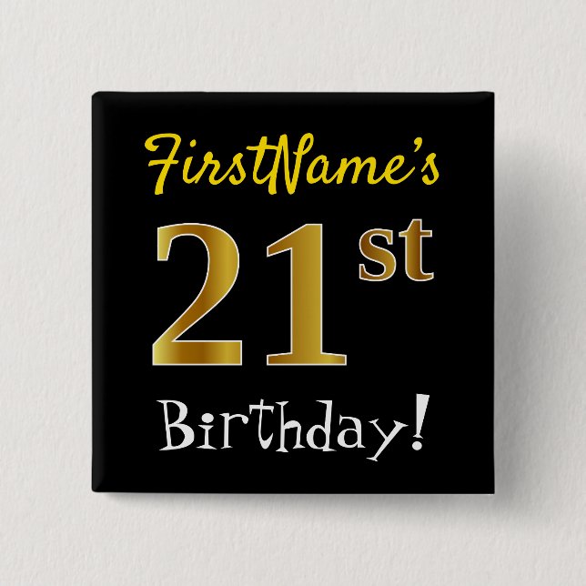 Badge Carré 5 Cm Noir, Faux Or 21ème Anniversaire, Avec Nom Personn (Devant)