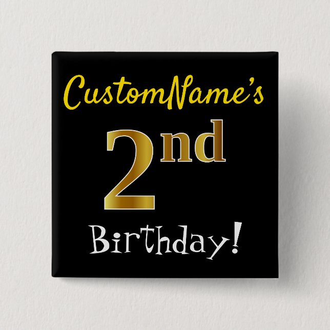 Badge Carré 5 Cm Noir, Faux Or 2ème Anniversaire, Avec Nom Personna (Devant)