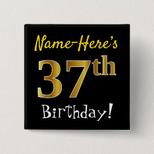 Badge Carré 5 Cm Noir, Faux Or 37ème Anniversaire, Avec Nom Personn