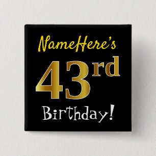 Badge Carré 5 Cm Noir, Faux Or 43ème Anniversaire, Avec Nom Personn