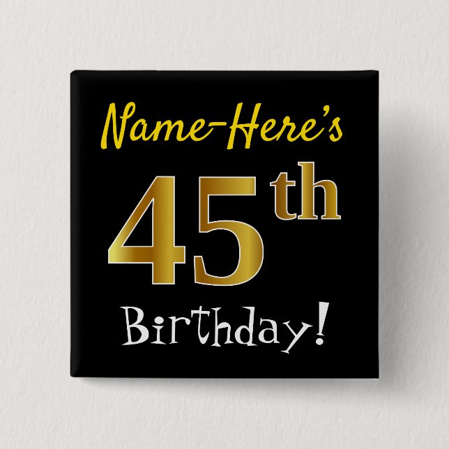 Badge Carré 5 Cm Noir, Faux Or 45ème Anniversaire, Avec Nom Personn (Devant)