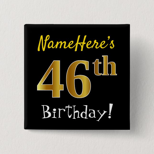 Badge Carré 5 Cm Noir, Faux Or 46ème Anniversaire, Avec Nom Personn (Devant)