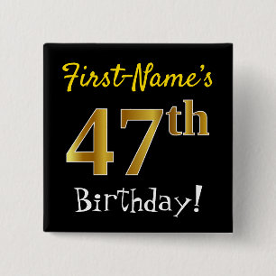 Badge Carré 5 Cm Noir, Faux Or 47ème Anniversaire, Avec Nom Personn