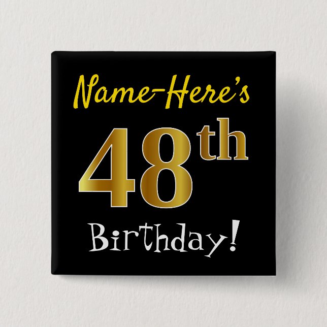 Badge Carré 5 Cm Noir, Faux Or 48ème Anniversaire, Avec Nom Personn (Devant)