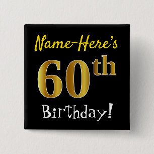 Badge Carré 5 Cm Noir, Faux Or 60e Anniversaire, Avec Nom Personnal