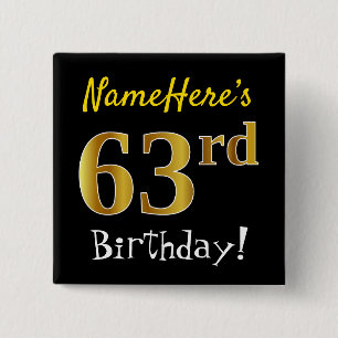 Badge Carré 5 Cm Noir, Faux Or 63ème Anniversaire, Avec Nom Personn
