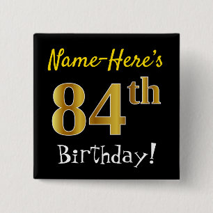 Badge Carré 5 Cm Noir, Faux Or 84ème Anniversaire, Avec Nom Personn