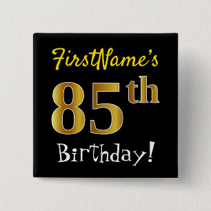 Badge Carré 5 Cm Noir, Faux Or 85e Anniversaire, Avec Nom Personnal