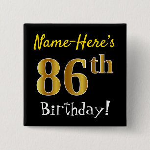 Badge Carré 5 Cm Noir, Faux Or 86ème Anniversaire, Avec Nom Personn