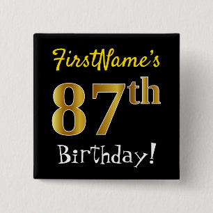 Badge Carré 5 Cm Noir, Faux Or 87ème Anniversaire, Avec Nom Personn