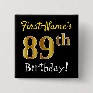 Badge Carré 5 Cm Noir, Faux Or 89e Anniversaire, Avec Nom Personnal