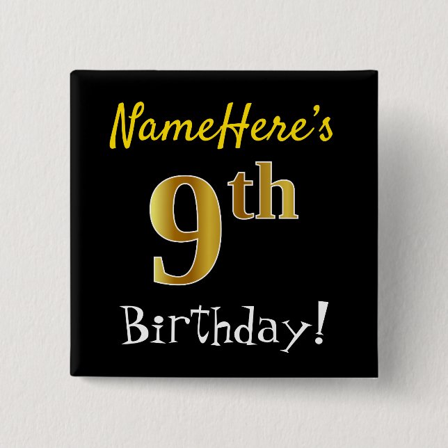 Badge Carré 5 Cm Noir, Faux Or 9ème Anniversaire, Avec Nom Personna (Devant)