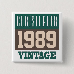 Badge Carré 5 Cm Nom avec le bouton Vintage Année 1989