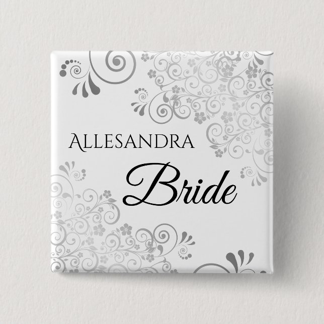 Badge Carré 5 Cm Nom de la mariée mariage balise Silver Floral Fili (Devant)