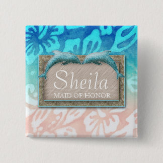 Badge Carré 5 Cm Nom de mariage plage Balise Bouton Dauphin Luau Pa