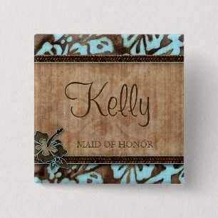 Badge Carré 5 Cm Nom de mariage plage Balise Bouton Luau Bleu Brown
