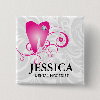 Badge Carré 5 Cm Nom du dentiste Balise Diamant Dent Feuille rose