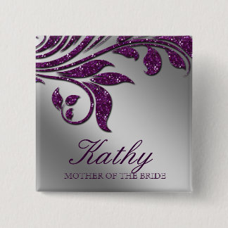 Badge Carré 5 Cm Nom du mariage Bouton Balise Feuille Étincelle Arg
