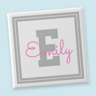 Badge Carré 5 Cm Nom et monogramme encadrés mignons Gris clair et