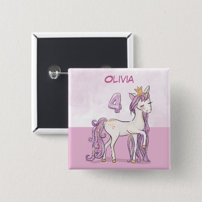 Badge Carré 5 Cm Nom personnalisé 4e anniversaire Cheval rose avec  (Devant & derrière)