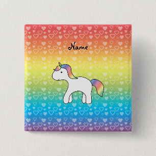 Badge Carré 5 Cm Nom personnalisé bébé licorne arc-en-ciel coeurs