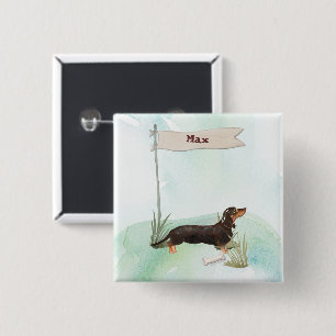 Badge Carré 5 Cm Nom personnalisé Chien de compagnie noir et tan Da