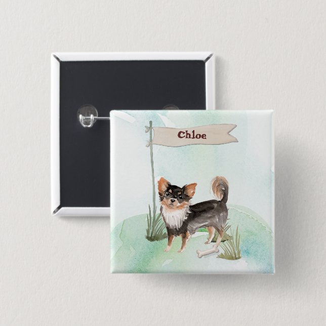 Badge Carré 5 Cm Nom personnalisé Long Haired Chihuahua Chien anima (Devant & derrière)