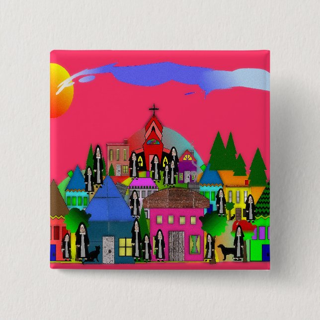 Badge Carré 5 Cm "Nonnes cadeaux lunatiques d'art de village" (Devant)