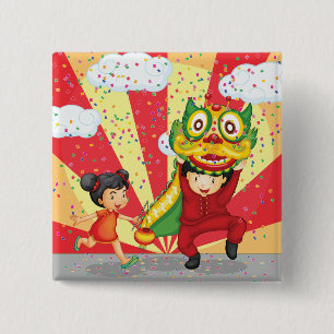 Badge Carré 5 Cm Nouvel An Chinois Danse du Lion et Lanterne pour E