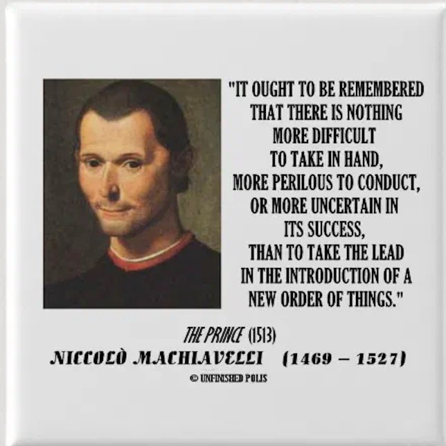 Badge Carré 5 Cm Nouvel ordre de Niccolo Machiavelli de citation de (Timeless observation by political scientist Machiavelli that's applicable in our modern times)