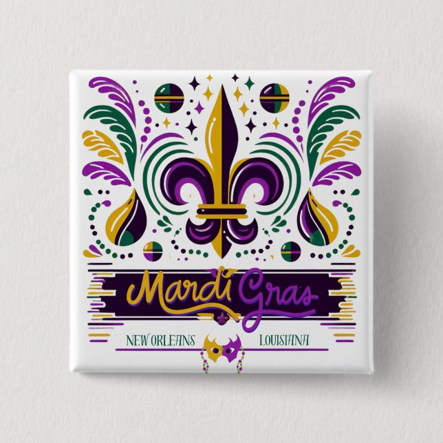 Badge Carré 5 Cm Nouvelle-Orléans Mardi Gras jaune violet vert (Devant)