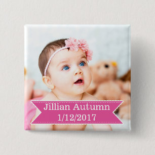 Badge Carré 5 Cm Nouvelle photo de bébé et bouton rose nommé de