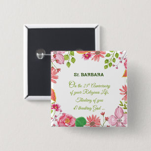 Badge Carré 5 Cm Nun Religieux 25e Anniversaire Fleurs aquarelles
