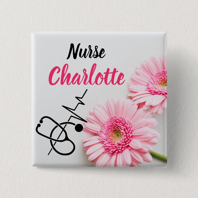 Badge Carré 5 Cm Nurses Custom Name Pink Daisy Floral  (Devant)