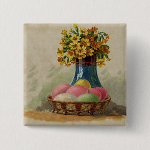 Badge Carré 5 Cm Oeufs Pâques Panier Fleurs Antique