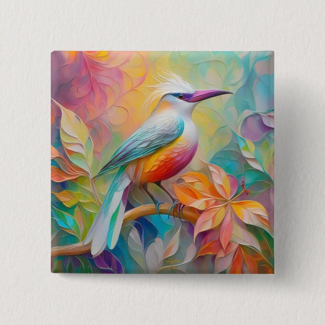 Badge Carré 5 Cm Oiseau à poitrine rouge à bec rose (Devant)