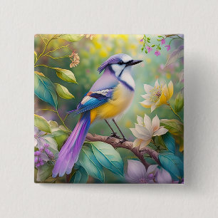 Badge Carré 5 Cm Oiseau de fantaisie Geai Violet Touffeté
