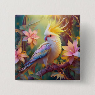 Badge Carré 5 Cm Oiseau de fantaisie Perruche à aile iridescente