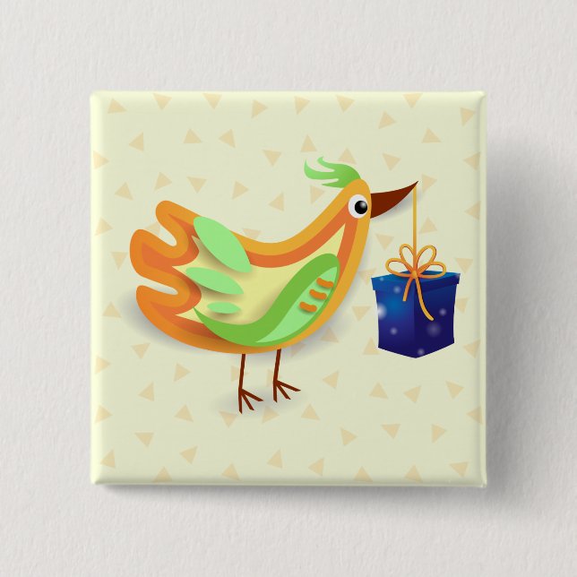 Badge Carré 5 Cm Oiseau et cadeau, bouton (Devant)