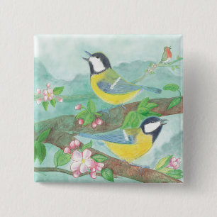Badge Carré 5 Cm Oiseaux chantant sur une branche d'arbre en fleurs