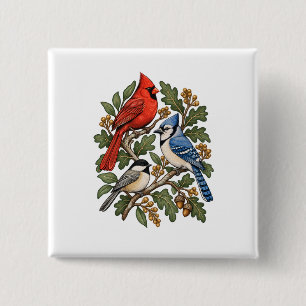 Badge Carré 5 Cm Oiseaux chanteurs d'Amérique du Nord et chêne d'au