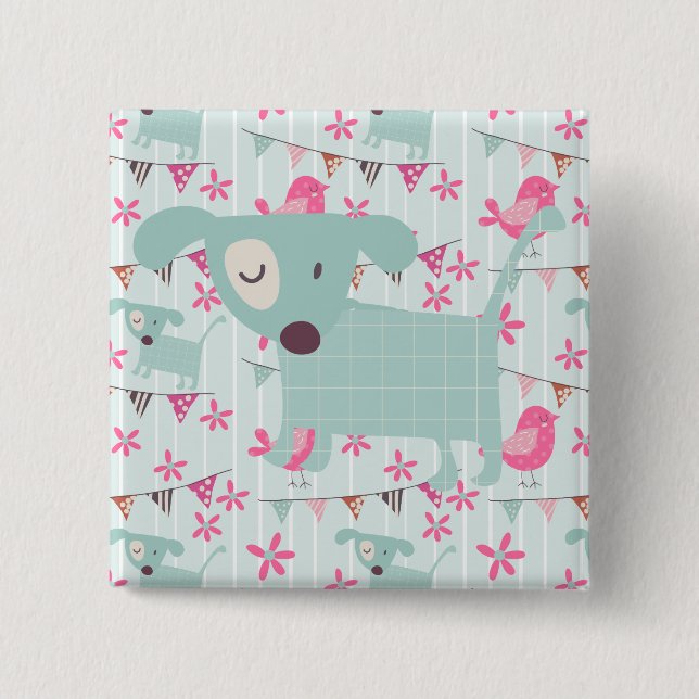 Badge Carré 5 Cm Oiseaux, Chiens, Bannières, Fleurs (Devant)