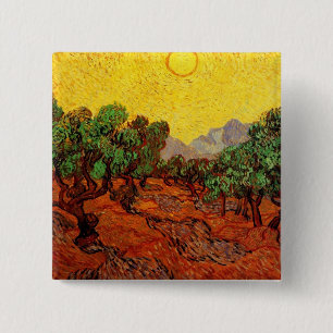 Badge Carré 5 Cm Oliviers avec ciel jaune et soleil Van Gogh