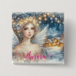 Badge Carré 5 Cm Or Fête Doré Aquarelle Éthérée Givre Ange de Neige
